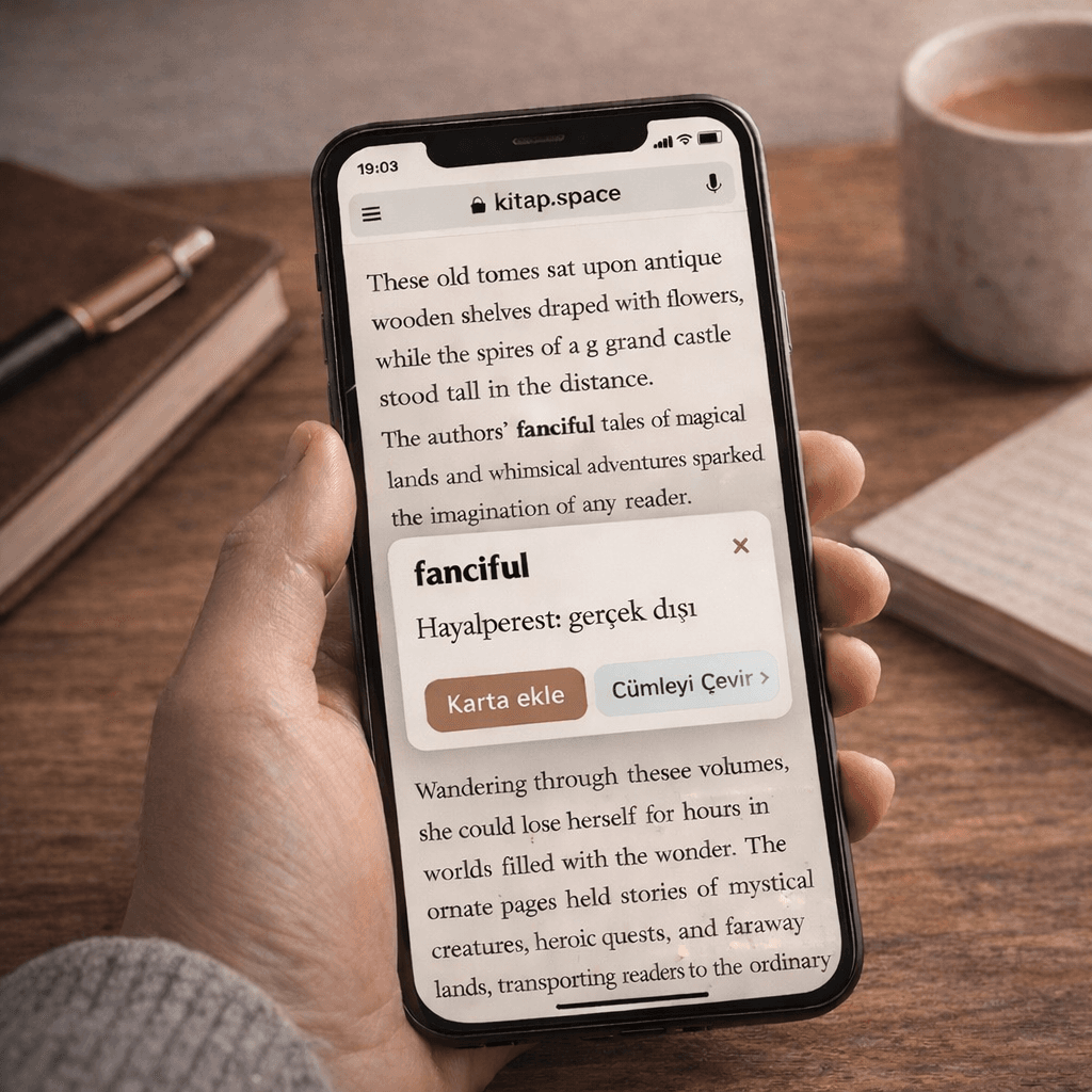 kitap.space kelimeye tıkla anlamını gör — okurken anında çeviri, telaffuz ve örnek cümle ile dil öğren